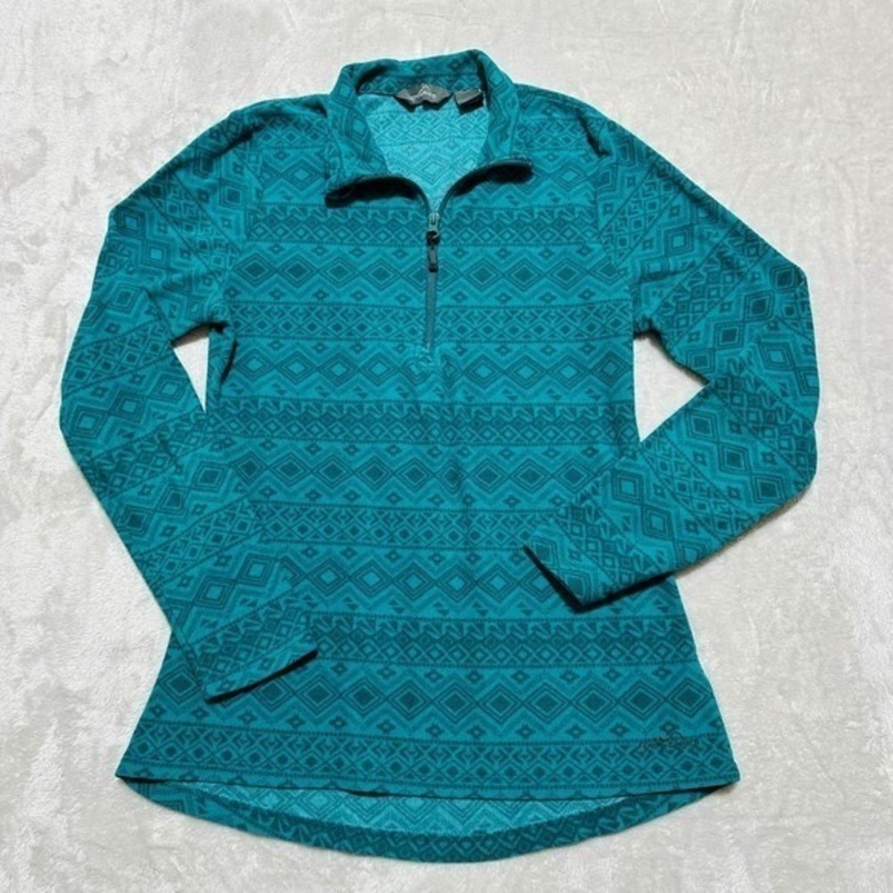 Eddie Bauer Pullover Womens Small Sweater Teal Geometric Fleece Quarter Zip
